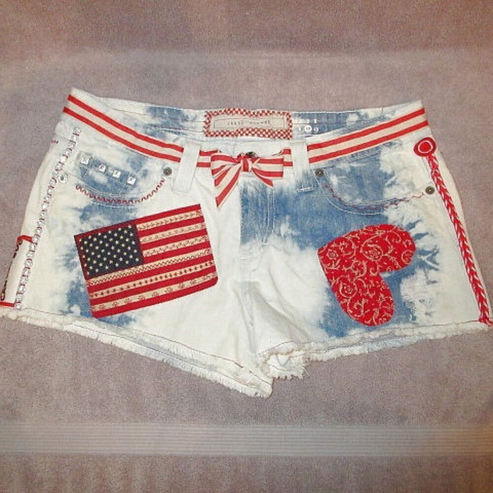 Vtg Y2K Micro Jean Shorts Size 11 32 Cut Offs Embroidered Patch Flag Heart Rave